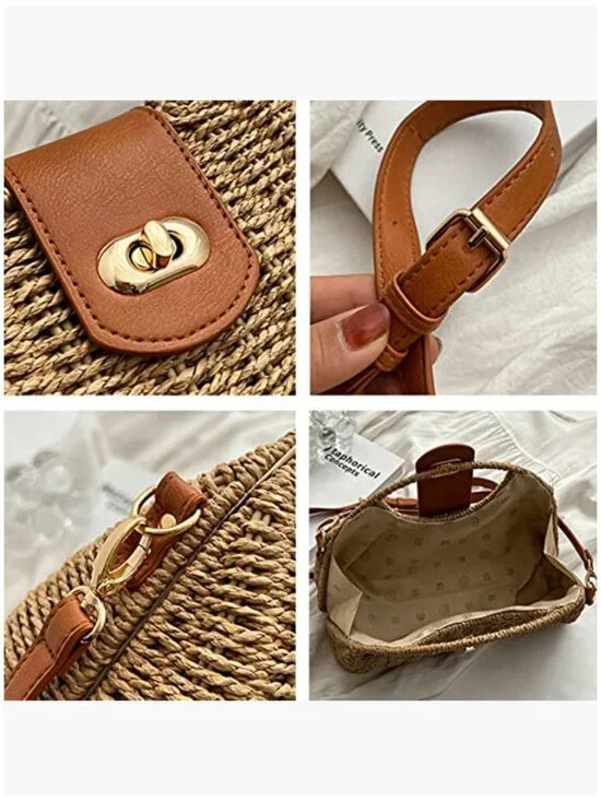 Handwoven Straw Crossbody Tote Bag with Rattan Top Handle - Picture 4 of 7